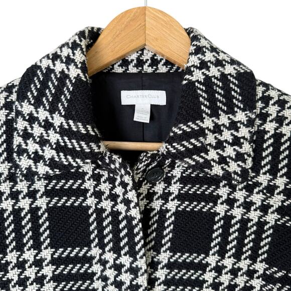 Charter Club Wool Blend‎ Plaid Tweed Coat Black White Button Front, Size 4 - Picture 2 of 9